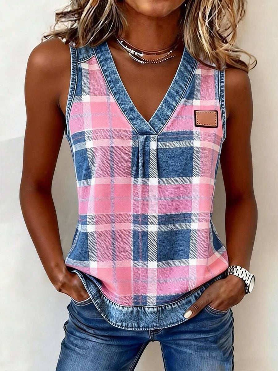 Padrão xadrez das mulheres Denim Patchwork Top