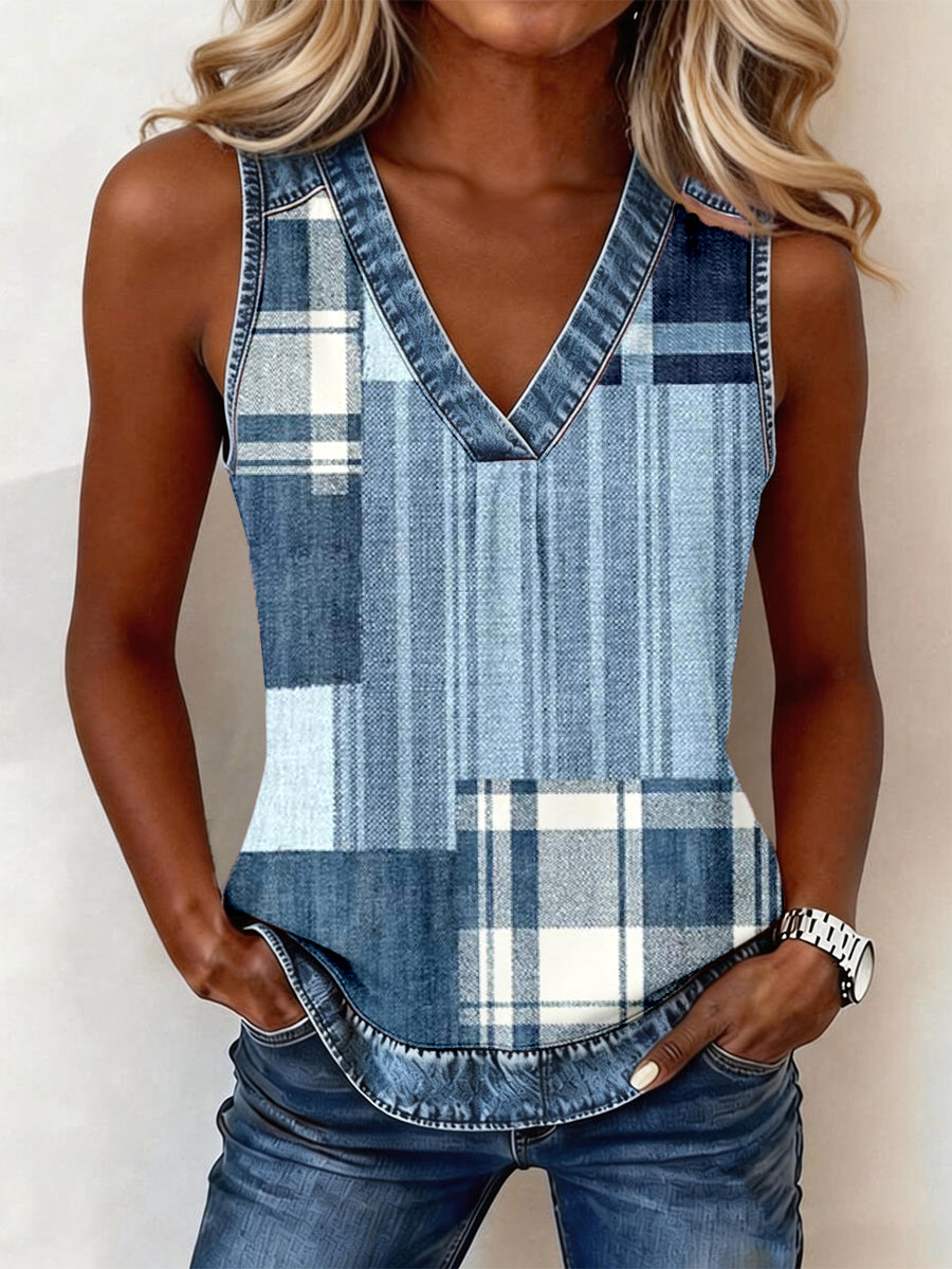 Denim Patchwork V-Neck Top feminino