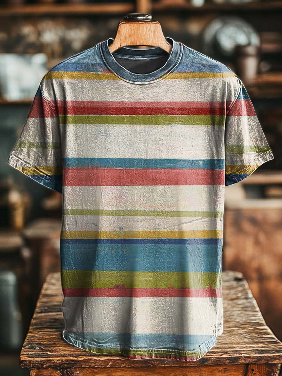 Retro angustiado listrado impressão Casual manga curta t-shirt