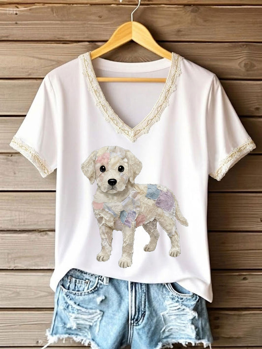 Camiseta feminina de arte com estampa de cão, renda e patchwork, gola em V