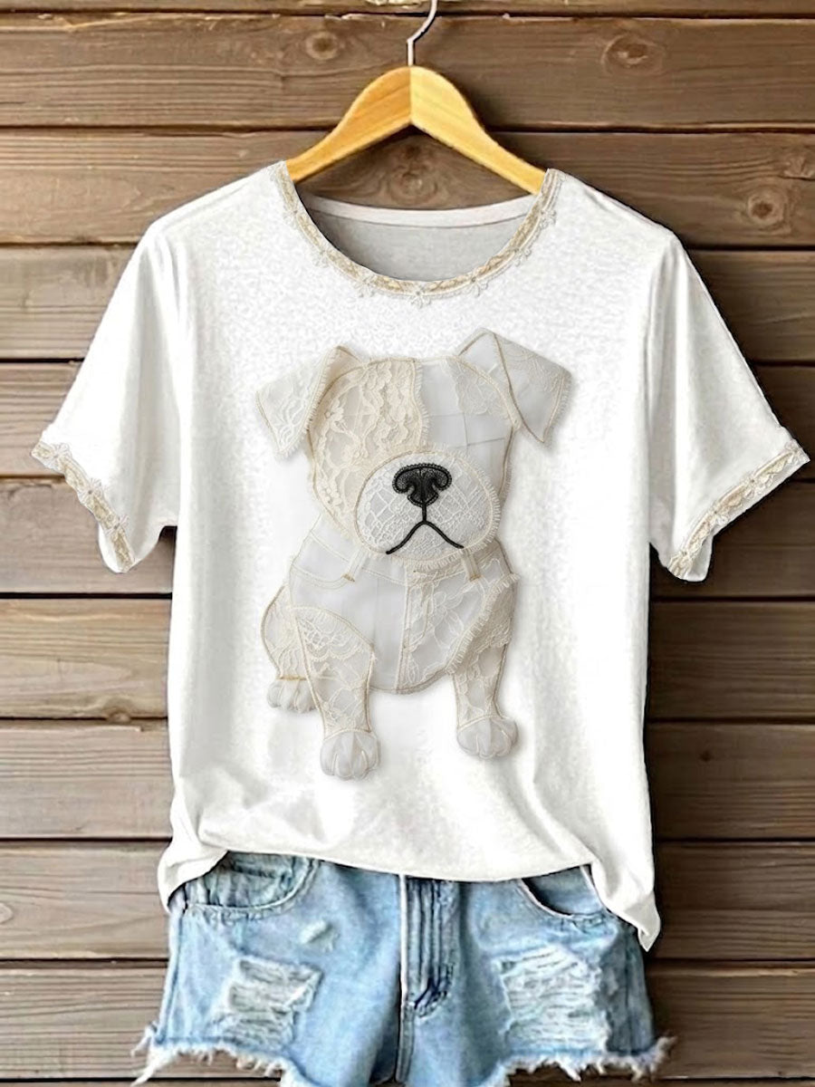 Arte cão laço Patchwork t-shirt impresso das mulheres
