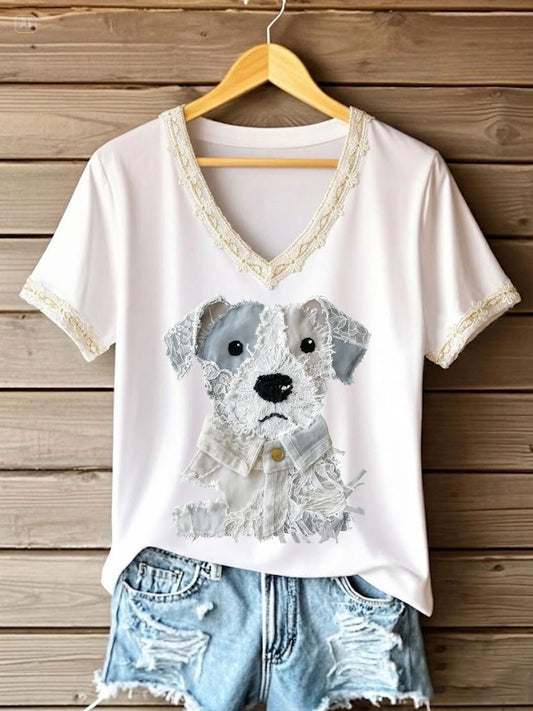 Arte cão laço patchwork feminino impresso t-shirt decote em v