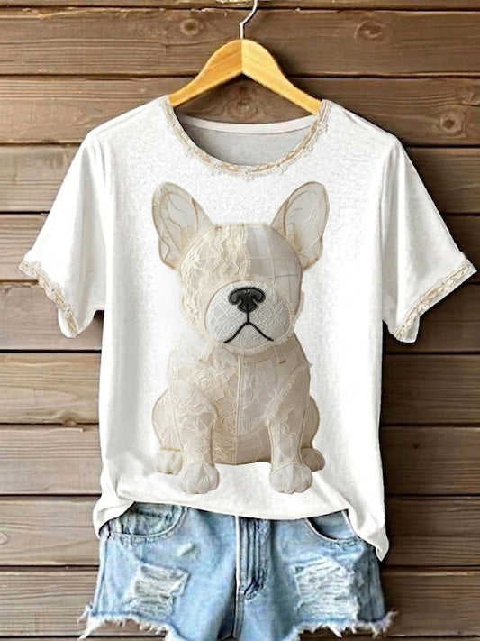 Camiseta estampada em patchwork de renda com cão, arte feminina