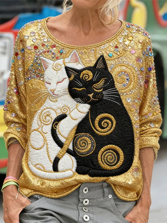 Moleton feminino com estampa de gato preto brilhante, manga comprida, caimento solto