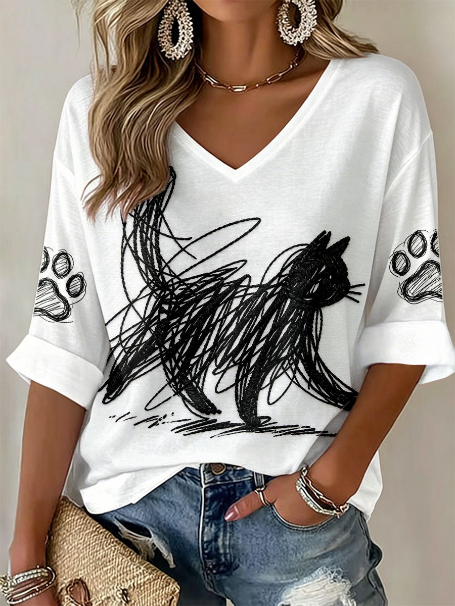 Camisetas femininas com estampa de gato e decote em V