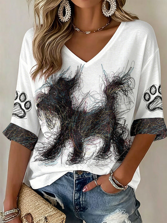 Camisetas com Gola em V e Estampa de Cachorro para Mulheres