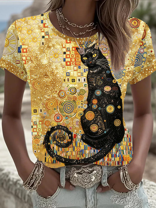 Glitter Black Cat Art T-shirt de manga curta feminino
