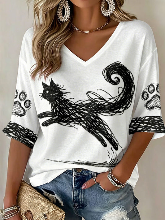 Camisetas femininas com estampa de gato e decote em V