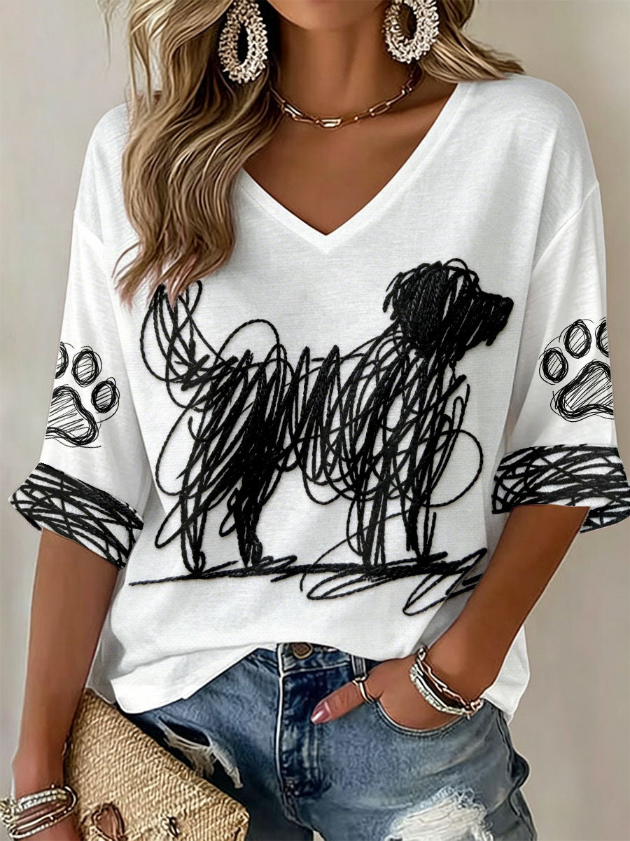 Dog Art Print V-Neck T-shirts feminino