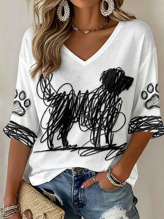 Dog Art Print V-Neck T-shirts feminino