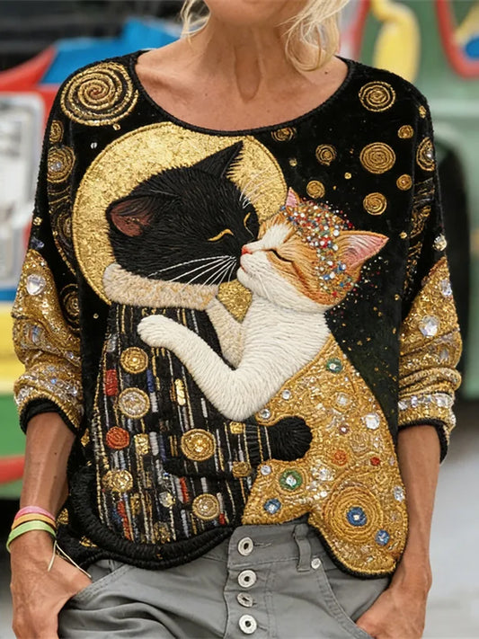 Moleton feminino com estampa de gato preto brilhante, manga comprida, caimento solto