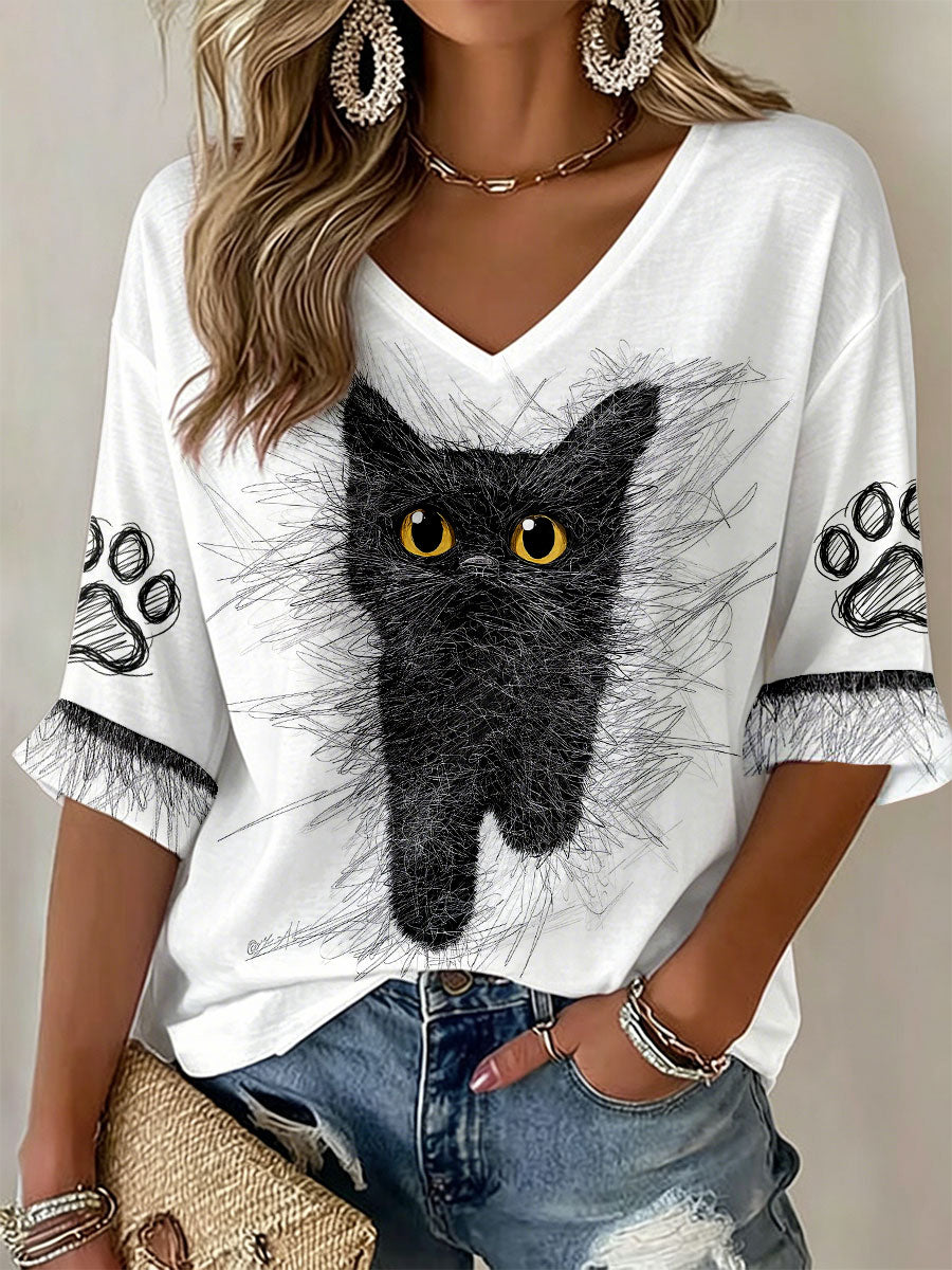 Gato feminino Art Print V-Neck T-shirts
