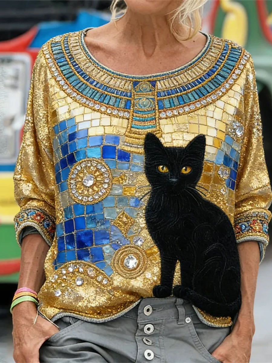 Glitter preto gato arte manga longa moletom folgada das mulheres