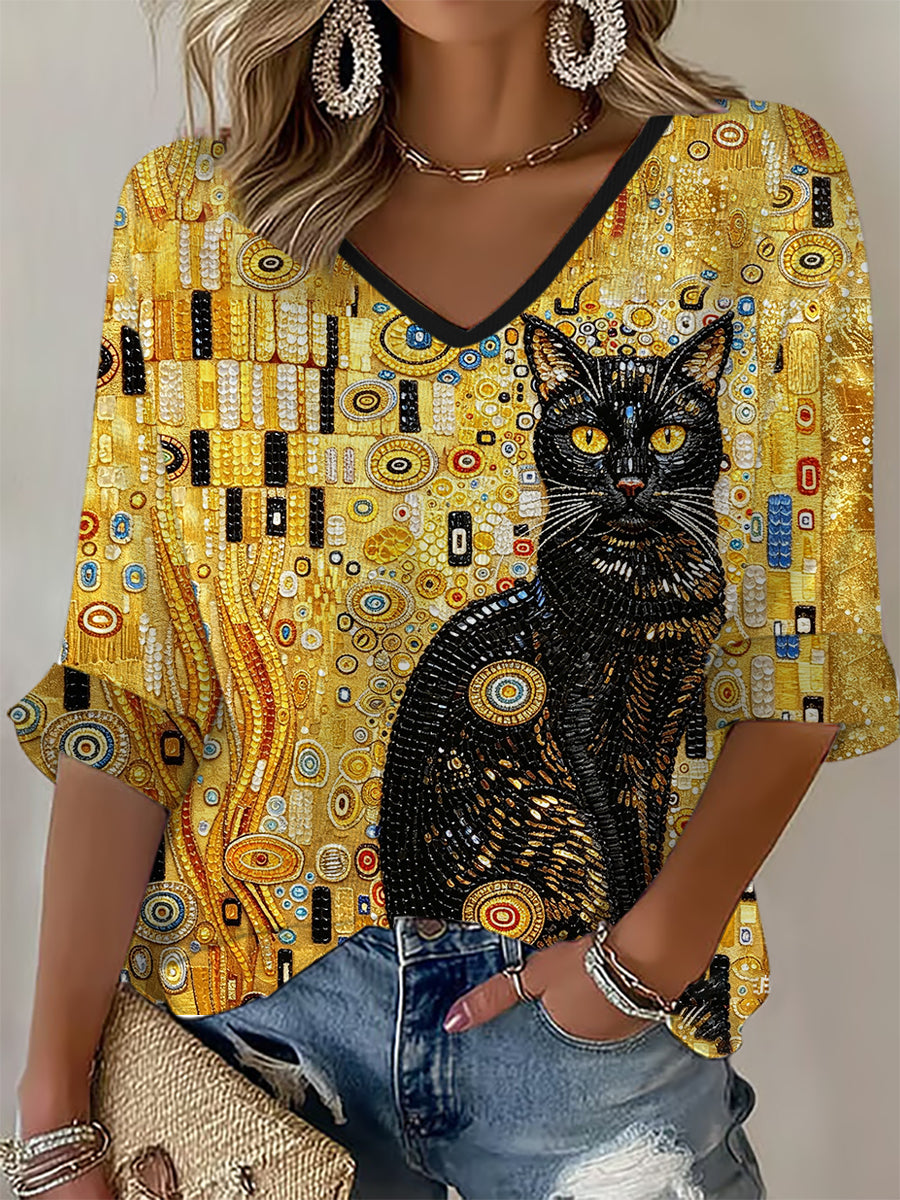 Camiseta de waffle com estampa de gato preto brilhante para mulheres
