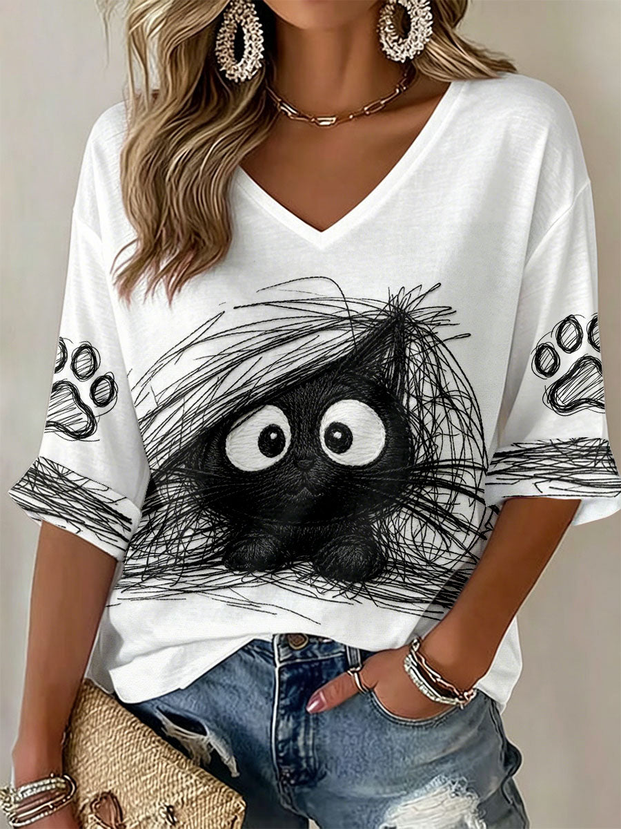 Camisetas femininas com estampa de gato e decote em V