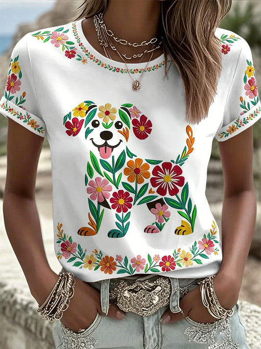 Women's Floral Dog Print Casual Tee