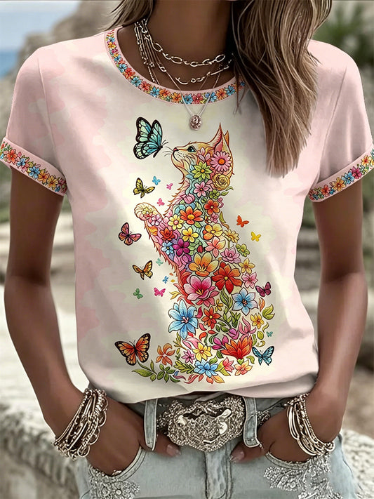 Women's Floral Cats Print Casual Tee