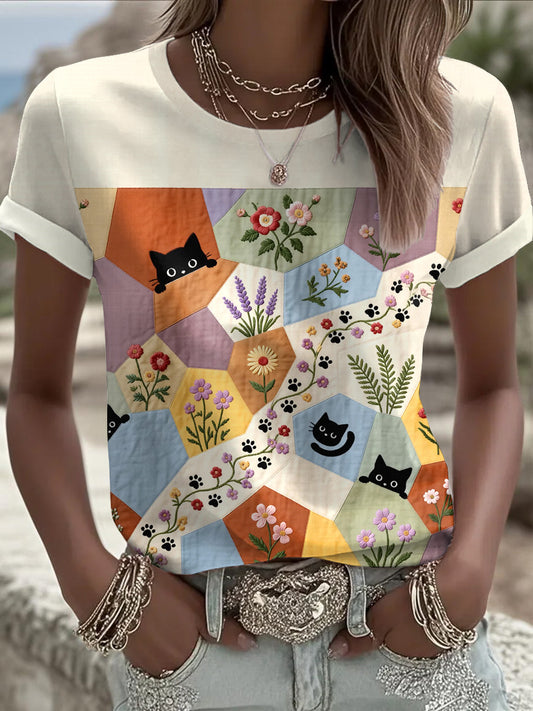 Women's Retro Floral Cats Print Casual Tee
