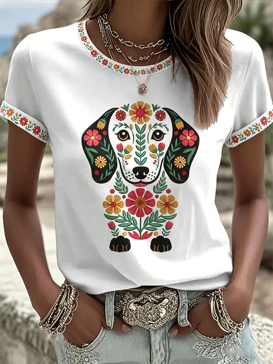 Women's Floral Dog Print Casual Tee