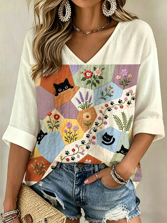 Women's Retro Floral Cats Print Casual V-Neck Shirt