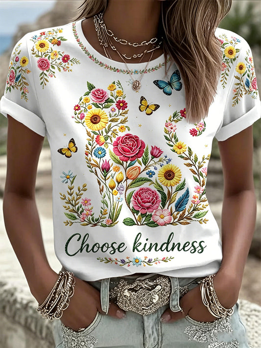 Women's Floral Cats Print Casual Tee