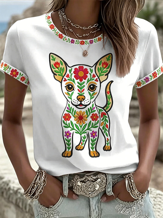 Women's Floral Dog Print Casual Tee