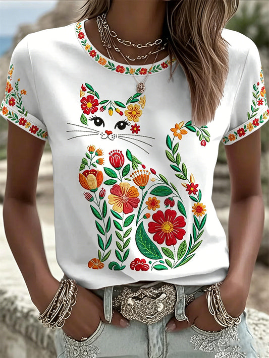 Women's Floral Cats Print Casual Tee