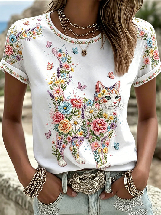Women's Floral Cats Print Casual Tee