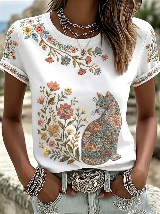 Camiseta casual feminina com estampa de gatos e flores