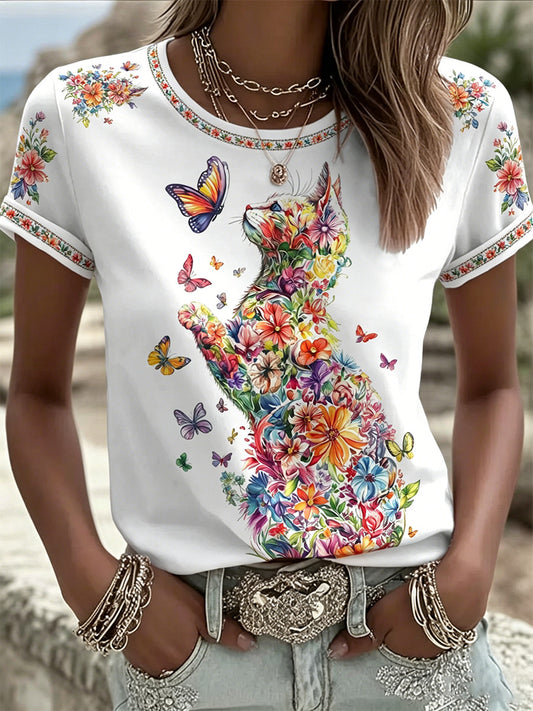 Camiseta casual feminina com estampa de gatos e flores