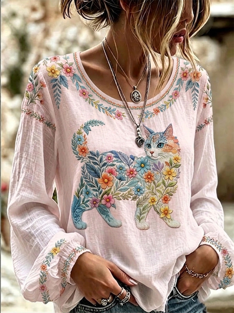 Camisa Casual de Manga Comprida com Estampa de Gatos e Flores para Mulheres