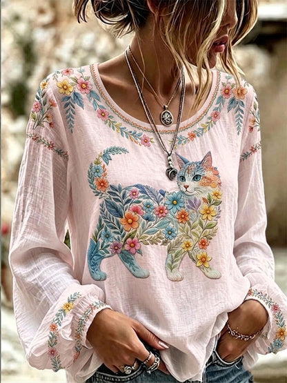Camisa Casual de Manga Comprida com Estampa de Gatos e Flores para Mulheres