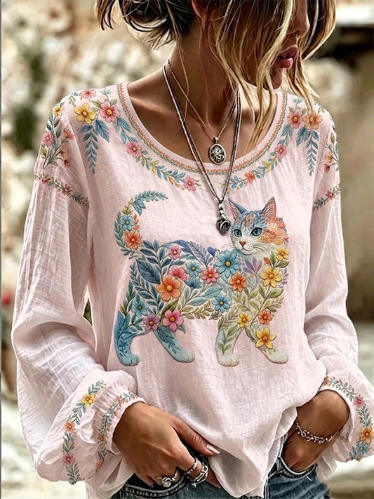 Camisa Casual de Manga Comprida com Estampa de Gatos e Flores para Mulheres