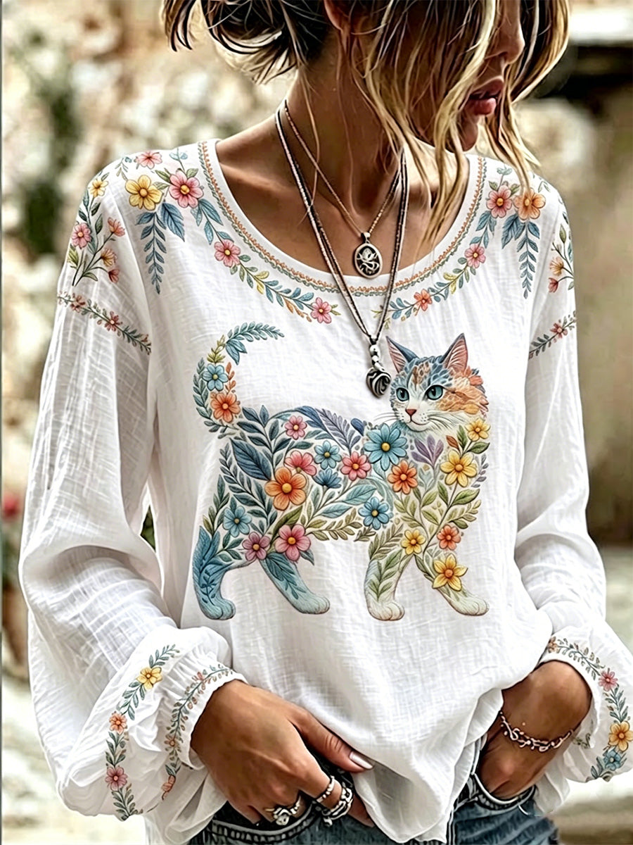 Camisa Casual de Manga Comprida com Estampa de Gatos e Flores para Mulheres