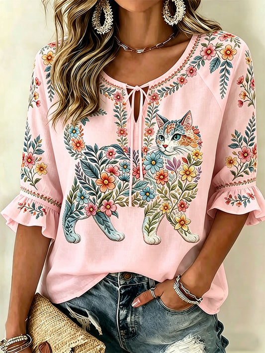 Top casual feminino com estampa de gatos e flores