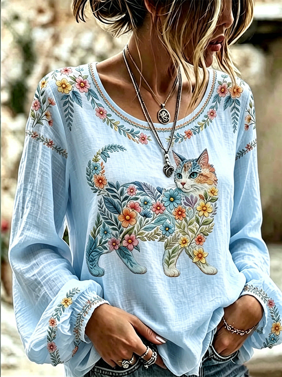 Camisa Casual de Manga Comprida com Estampa de Gatos e Flores para Mulheres