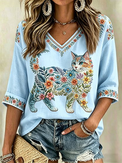 Camisa casual com estampa de gatos e flores, decote em V, para mulheres