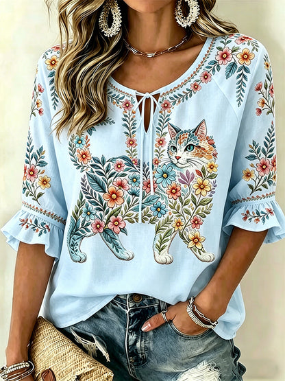 Top casual feminino com estampa de gatos e flores