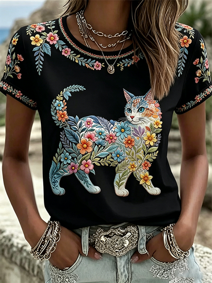 Camiseta casual feminina com estampa de gatos e flores