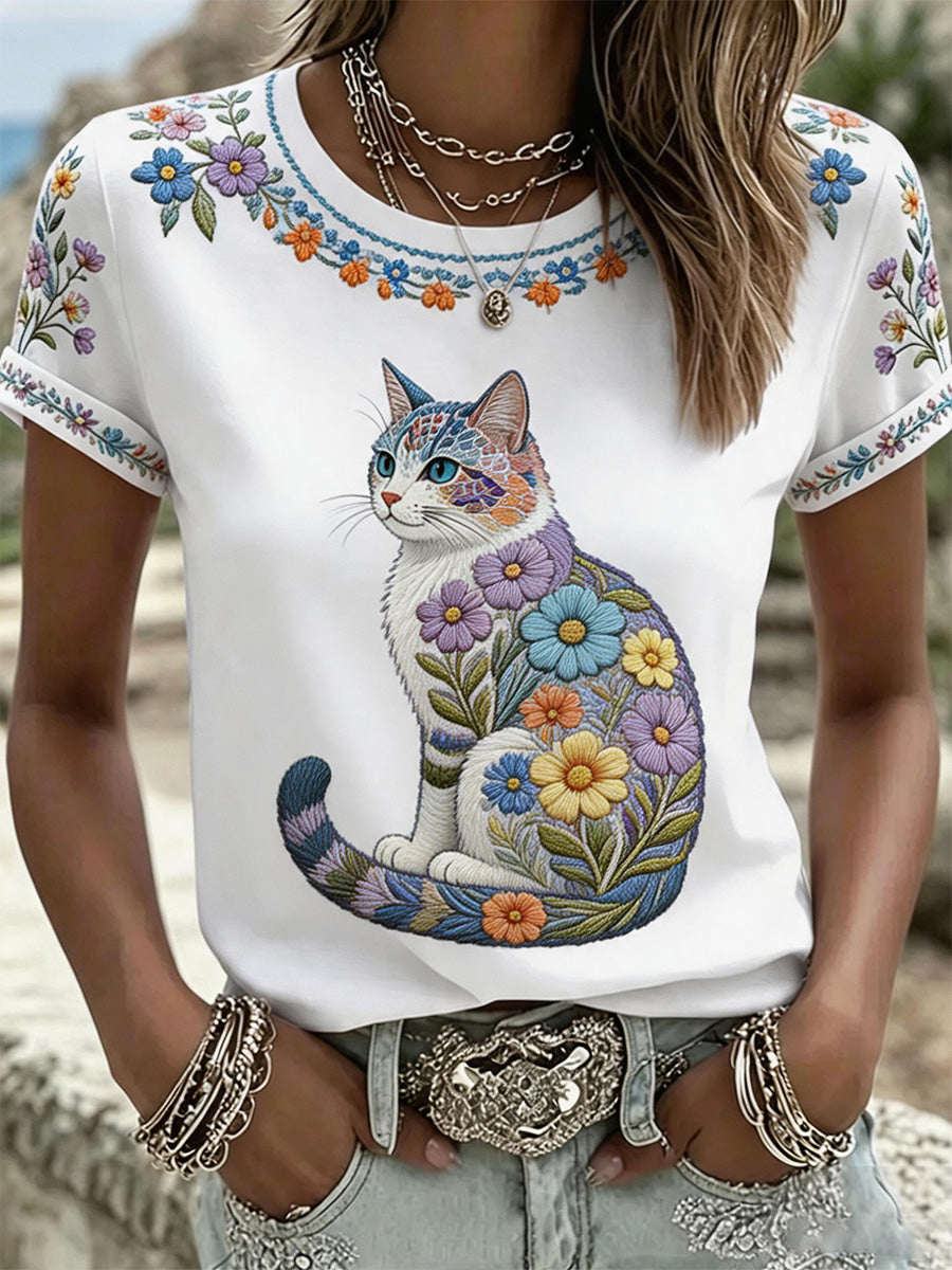 Camiseta casual feminina com estampa de gatos e flores