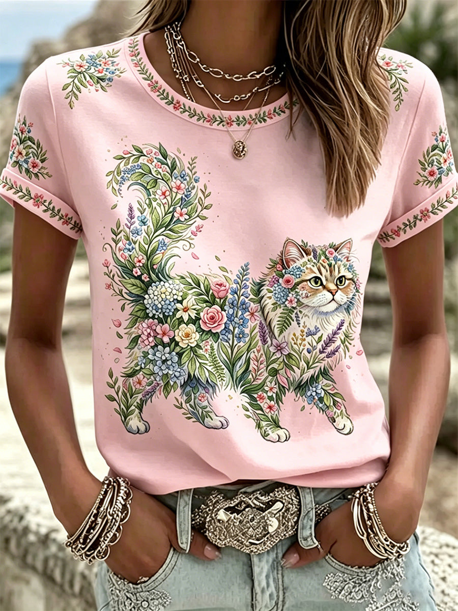 Camiseta casual feminina com estampa de gatos e flores