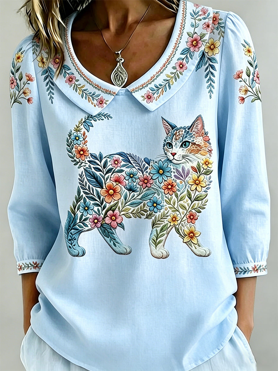 Top casual feminino com estampa de gatos e flores
