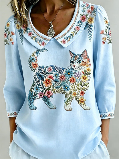 Top casual feminino com estampa de gatos e flores