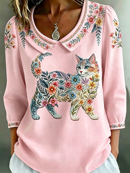 Top casual feminino com estampa de gatos e flores