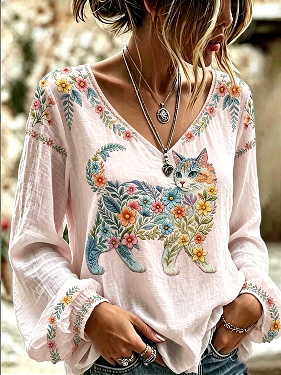 Blusa feminina casual de manga comprida com estampa de gatos e flores, decote em V