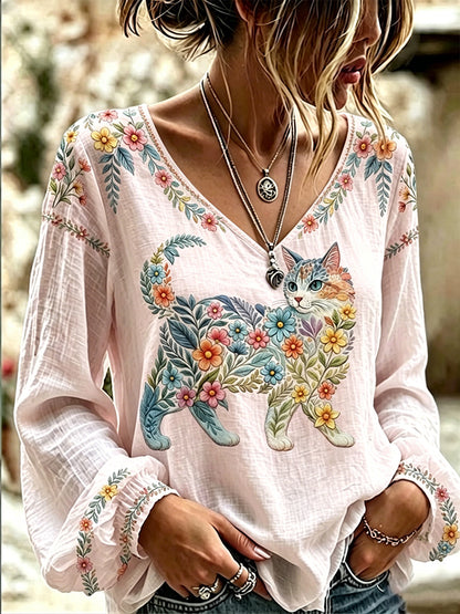 Blusa feminina casual de manga comprida com estampa de gatos e flores, decote em V
