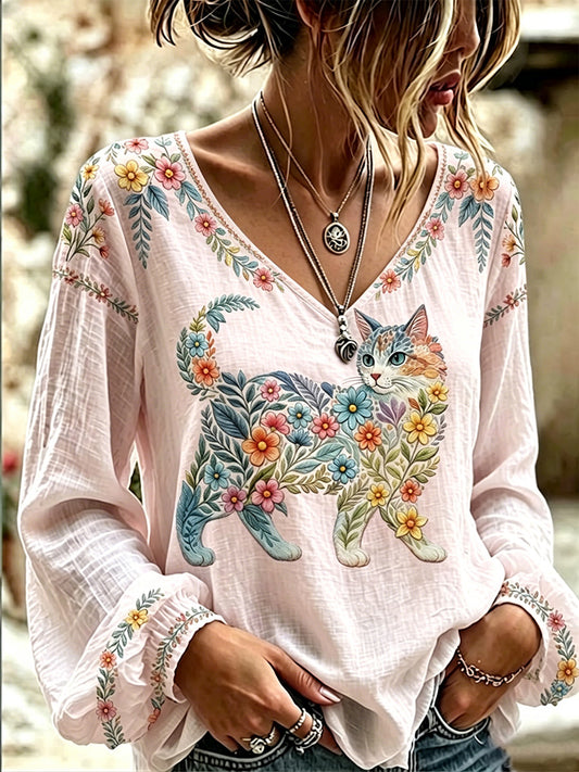 Blusa feminina casual de manga comprida com estampa de gatos e flores, decote em V