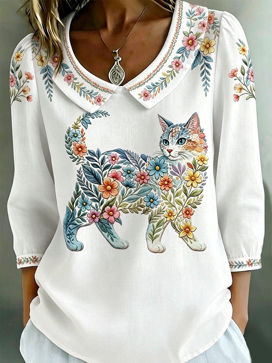 Top casual feminino com estampa de gatos e flores