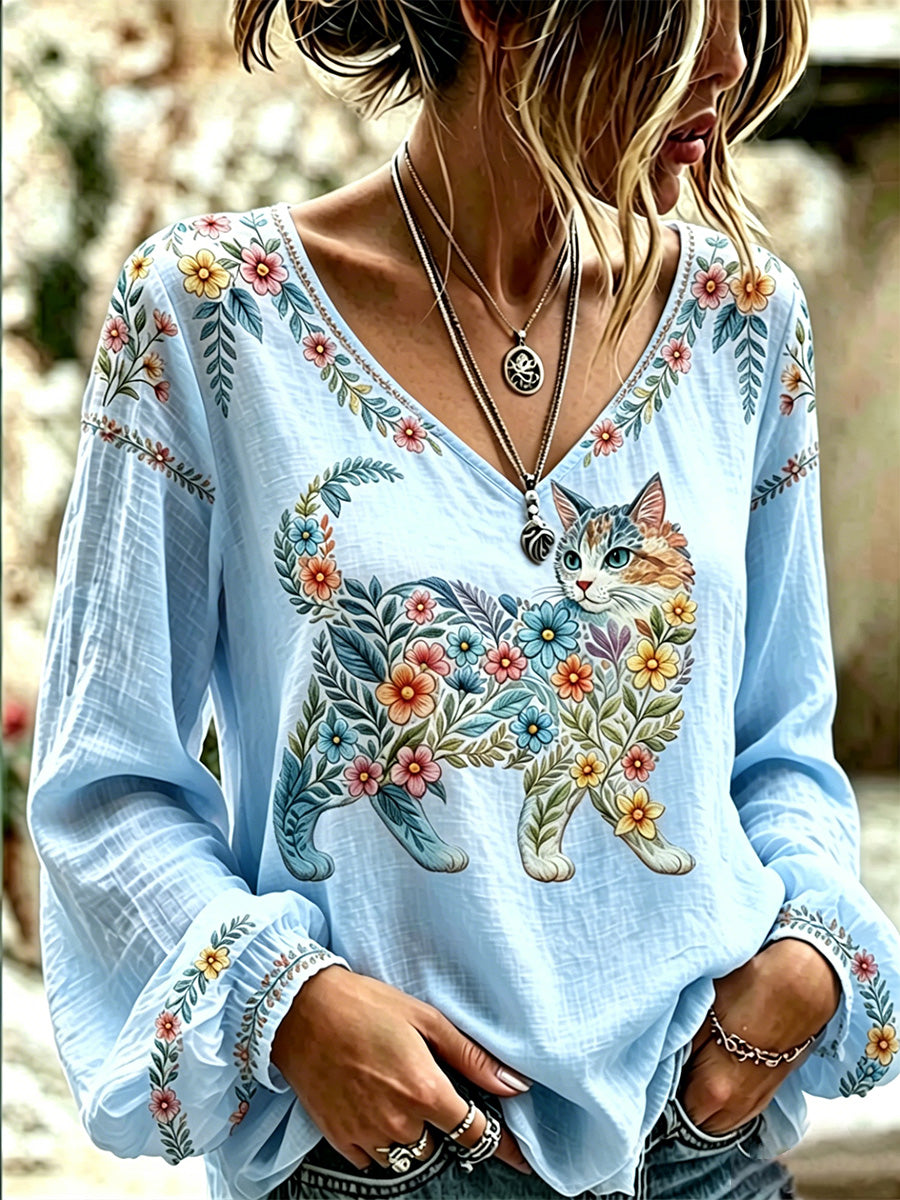 Blusa feminina casual de manga comprida com estampa de gatos e flores, decote em V