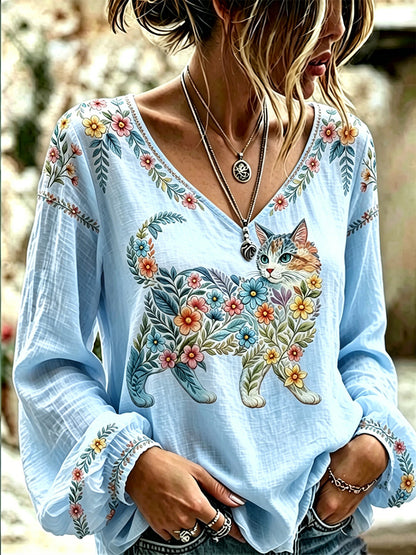 Blusa feminina casual de manga comprida com estampa de gatos e flores, decote em V